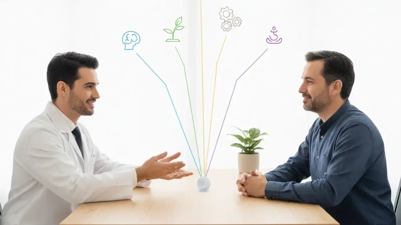 Paciente expressando confiança e compreensão durante consulta com equipe de saúde mental, quebrando mitos sobre tratamento e construindo um plano de cuidado eficaz.